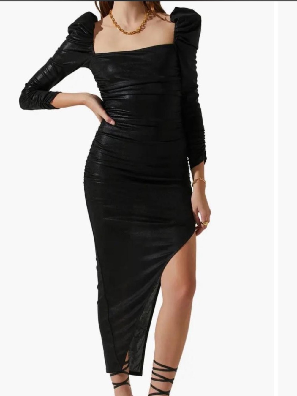 Astr Black Asymmetric Ruched Midi Dress with Puff Shoulders